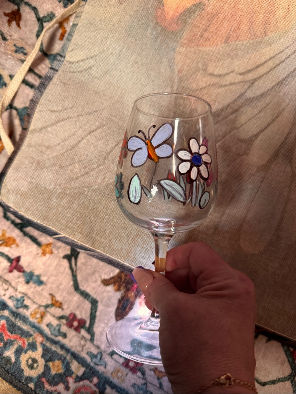 Hand-Painted Floral Wine Glass - Multicolor